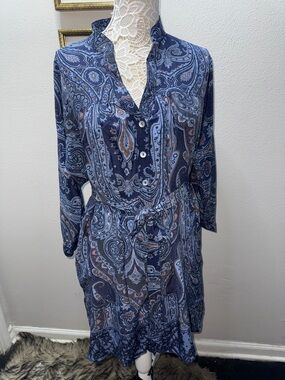 Plenty by Tracy Reese 100% Silk Navy and Blue Paisley Long-Sleeve Button Dress